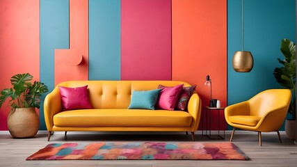 Brightly colored living room wall mockup featuring a leather sofa and armchair