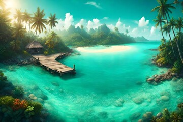 A tropical island panorama, where turquoise waters meet sandy shores in the glow of summer. - obrazy, fototapety, plakaty