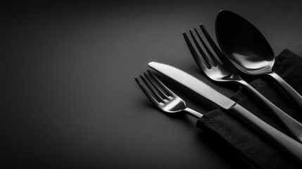   A collection of forks and spoons arranged on a dark tablecloth; a black napkin rests atop it