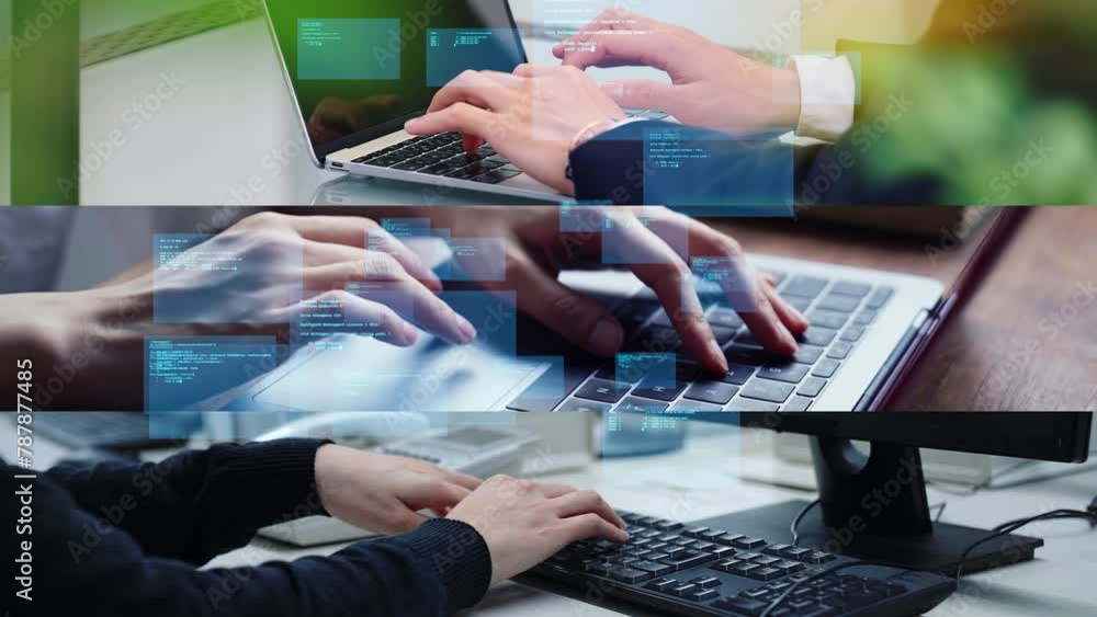 Poster collage of various business scenes and digital technology concept. wipe transition from white backgr