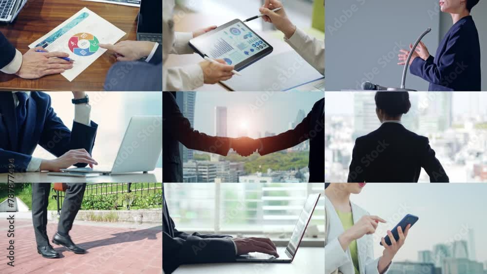 Poster collage of various business scenes. scaling transition from white background.