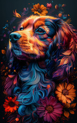Beautiful dog in profile , side view, colorful swirls with flowers around the body,generative ai
