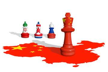 Chess made from China, Russia, Nord Korea and Iran flags.