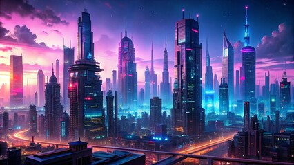Fototapeta na wymiar Cyberpunk cityscape with neon lights and tall buildings. Generative AI