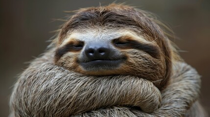 Naklejka premium A close-up of a sloth with its head reclined on its back and eyes closed