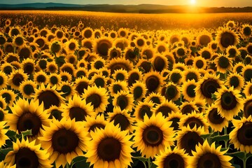 Vast sunflower fields reaching for the sky, a panoramic sea of gold under the summer sun.