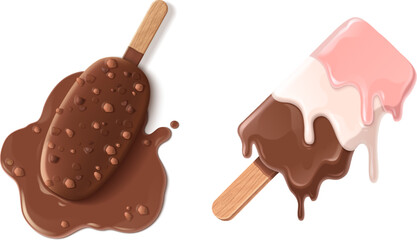 Melt ice cream summer icon cartoon vector design. Isolated tasty strawberry icecream with chocolate and nuts. Melted puddle of 3d gelato stick dessert on floor concept. Comic sundae fell on ground - obrazy, fototapety, plakaty