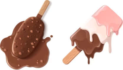 Fotobehang Melt ice cream summer icon cartoon vector design. Isolated tasty strawberry icecream with chocolate and nuts. Melted puddle of 3d gelato stick dessert on floor concept. Comic sundae fell on ground © klyaksun