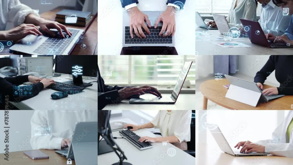 Aufkleber Collage of various business scenes and digital technology concept. Wipe transition from white background.