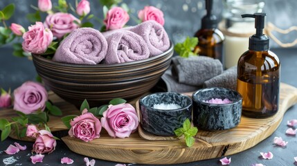   A wooden tray holds pink roses, a bowl of soaps, and a bottle of body lotion
