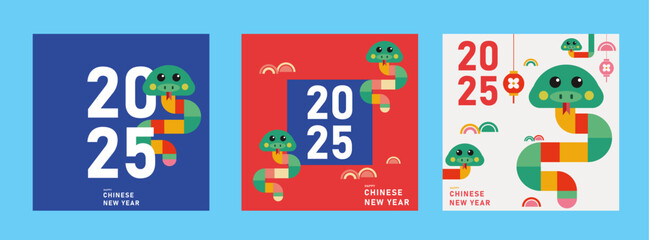 Fototapeta premium happy new year 2025, chinese new year 2025, year of the snake, modern flat geometric style, chinese zodiac snake