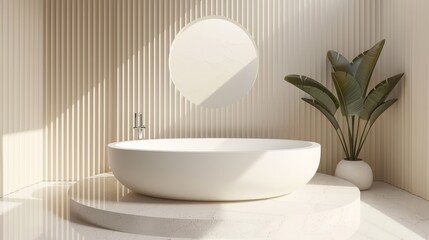 Fototapeta na wymiar A large white bathtub sits next to a plant in a room Two round mirrors are mounted on the wall