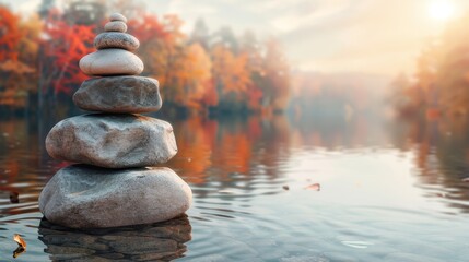   A stack of rocks at water's edge before a forest of fall-hued trees - obrazy, fototapety, plakaty