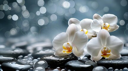   A collection of white blooms atop a mound of jet-black stones, dampened by droplets of water beneath them - obrazy, fototapety, plakaty