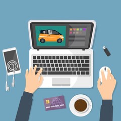 lavoro designer, persona seduta sul tavolo che lavora tramite laptop vendita colori auto macchina car -  furgone illustrazioni