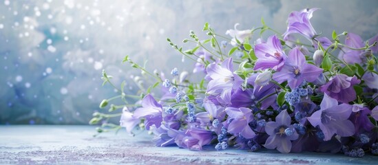 Lovely spring backdrop featuring a bouquet of campanula flowers. - obrazy, fototapety, plakaty