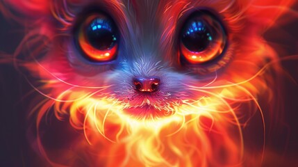   A tight shot of a small dog's expression, eyes ablaze with intensity, against a pitch-black backdrop - obrazy, fototapety, plakaty