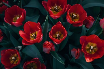 Vivid red tulips blooming, dark lush foliage background. Close-up shot. Spring floral beauty in nature. Elegant flower design. Serene garden scene. Generative AI