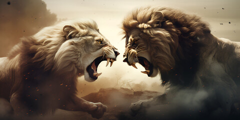 Painting of two lions fighting each other with their mouths open with dust background
