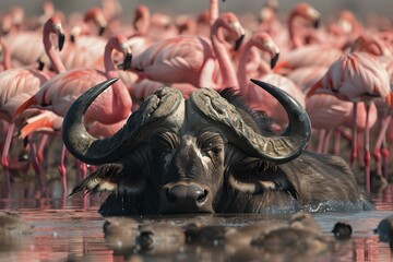 Cape Buffalo Amongst Flamingos in Serene Waterscape. Peaceful Coexistence in the Wild. Nature Photography Style. Generative AI