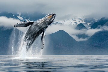 Majestic humpback whale leaping from ocean against mountain backdrop. Captivating wildlife scene. Nature's grandeur in action. High-quality, photorealistic style. Generative AI