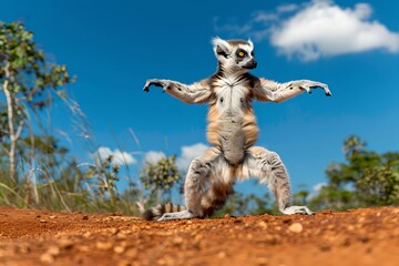 Lemur Sunbathing in Natural Habitat. Unique and Playful Wildlife Pose. Madagascar's Fauna in Bright Daylight. Generative AI