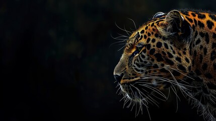 Obraz premium A tight shot of a leopard's face against a black backdrop, overlain with a hazy tree silhouette