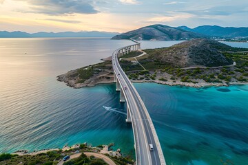 Aerial view of a stunning bridge over turquoise waters. Scenic coastal landscape. Drone photography of a modern marvel. Serene nature backdrop. Generative AI