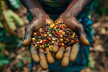 Sustainable agriculture concept in a simple image. Hands hold colorful seeds. Organic farming and biodiversity. Close-up, natural light. Generative AI