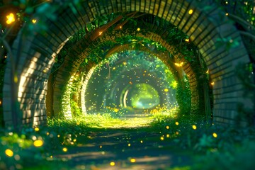 Enchanted Forest Tunnel with Glowing Lights and Lush Greenery. Magical Pathway in Nature. Fantasy Landscape Photography. Generative AI