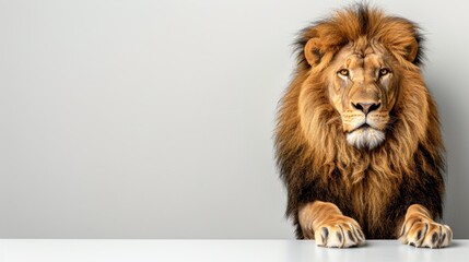   A tight shot of a lion perched on a table, its paws resting on the edge