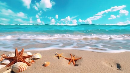 Obraz na płótnie Canvas starfish and various kinds of molluscs on the beach generative ai