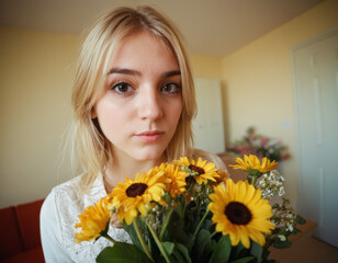 Fototapeta premium macro photo, girl with a bouquet of flowers in modern style, grimacing, caricature, Brown eyes, dof, focus 15mm, fisheye lens, lomo filter, haze