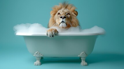   A dog in a bathtub, foam covering its head, paws at tub's edge