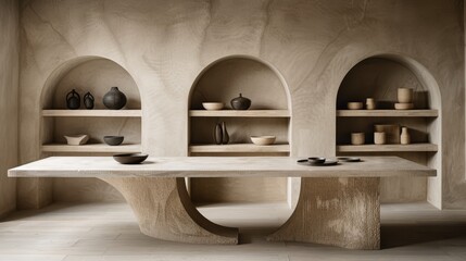   A table houses shelves, each adorned with vases and bowls A solitary bowl sits beside the table