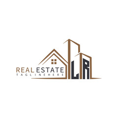 LR initial monogram logo for real estate with home shape creative design.