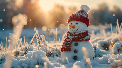  Winter Solstice snowman in a snowy field. generative ai 