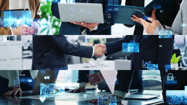 Collage of various business scenes and digital technology concept. Digital transformation. Wipe transition from white background.