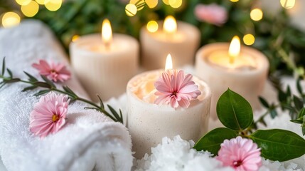   A collection of candles atop a mound of snow, adjacent to a cluster of pink and white blooms