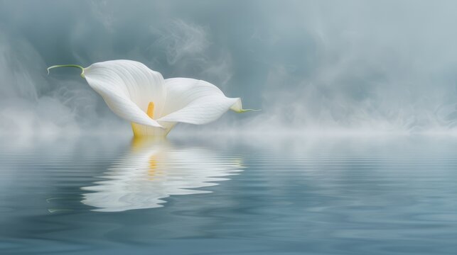   A pristine white bloom drifts atop still water, emitting steam from its petals and submerged stem