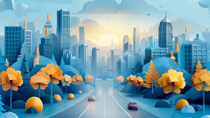Highway, city life illustration in paper cut style - obrazy, fototapety, plakaty