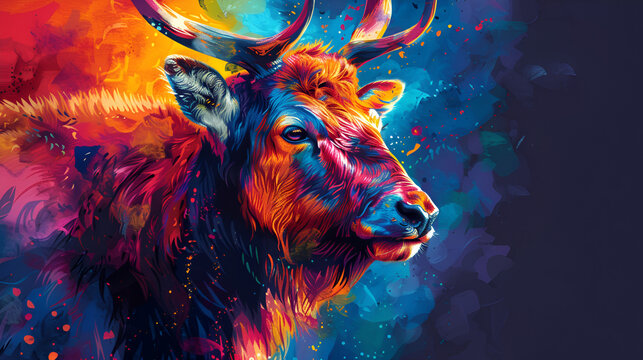 Vibrant and bright and colorful deer portrait poster, generative Ai