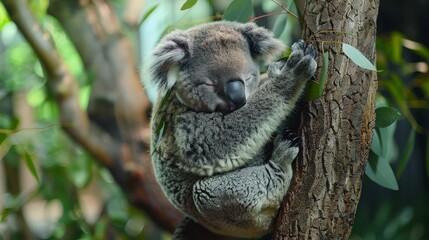 Fototapeta premium A koala rests in a tree, its head on a limb, eyes closed