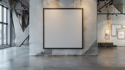  A gallery space with a pristine blank wall frame, surrounded by the striking angles and textures of its industrial-inspired architectural design