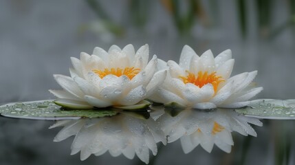   A few white water lilies float atop the water surface, with droplets gently beading on their petals