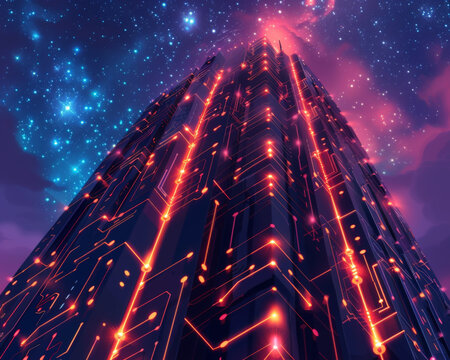 The skyscraper, alive and pulsing, channels beams of sunlight into its veins, where intricate circuits glow with harvested energy