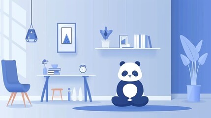   A panda sitting on a rug in a room with blue wallpaper, a table, and a plant