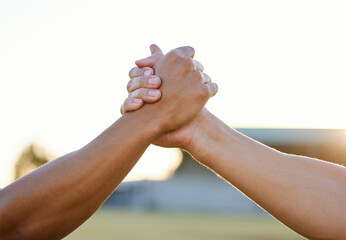 Handshake, park and hands of people for support, agreement and collaboration outdoors. Friends,...