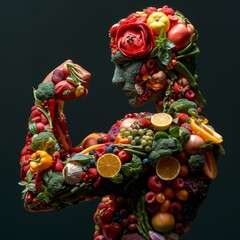 Illustration of a strong man made out of healthy fruits and vegetables