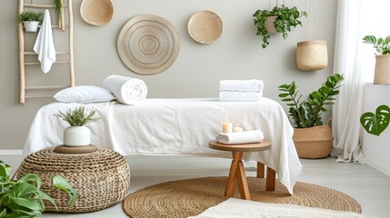   A white bed is situated in a room adorned with wall-mounted plants A wicker basket lies beside it, resting on the floor - obrazy, fototapety, plakaty